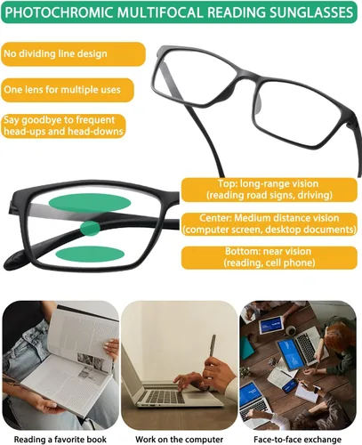 Miniatura 3 de Lentes de lectura fotocromáticos multienfoque para hombres y mujeres, lentes de sol de transición progresiva de alta calidad, anti rayos UV, luz azul