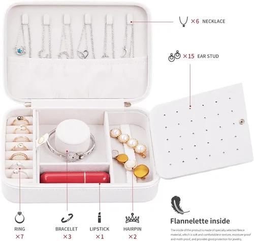 Miniatura 3 de SANQIANWAN Pequeña caja organizadora de viaje de joyería con estuche portátil de piel sintética para collares anillos aretes regalos para novia