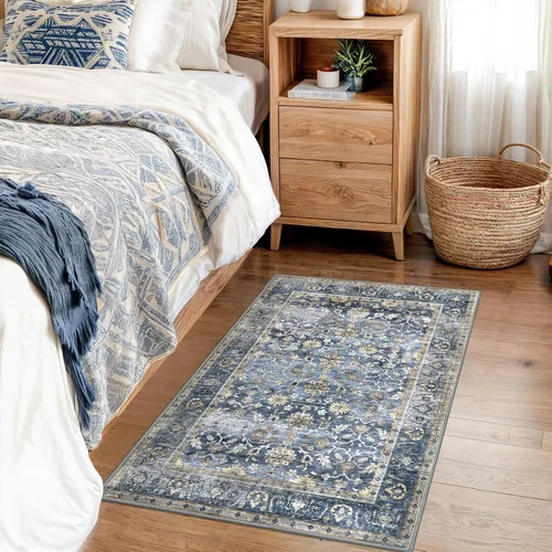 Miniatura 3 de KUTA Alfombras vintage de 2 x 3 pies para entrada, antideslizantes, lavables, tapete para puerta de interior con estampado floral, azul, gris, Azul