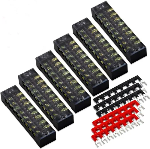 Miniatura 14 de 8 piezas (4 conjuntos) Bloques de tira de terminal de tornillo de doble hilera de 8 posiciones 600V 25A con cubierta + tira de barrera de terminales