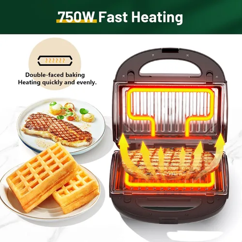 Miniatura 2 de KEENSTAR Sandwichera eléctrica 3 en 1, waflera con platos antiadherentes extraíbles, parrilla con calefacción de doble cara, fácil de limpiar