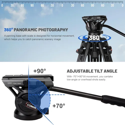 Miniatura 2 de COMAN - Trípode de video, trípode profesional resistente de 74 pulgadas con placa de liberación rápida y cabezal de fluido de 360°, soporte