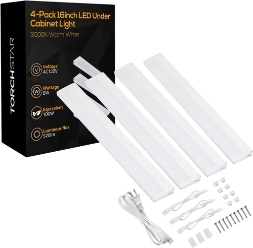 TORCHSTAR Iluminación para debajo del gabinete, kit de luz LED enlazable para debajo del gabinete, control individual, 16 pulgadas, 3000 K blanco