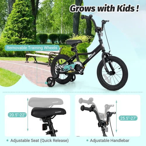 Miniatura 3 de Olakids Bicicleta para niños, 12, 14, 16, 18 pulgadas, con ruedas de entrenamiento, asiento ajustable y manillar, freno y freno de mano, bicicleta