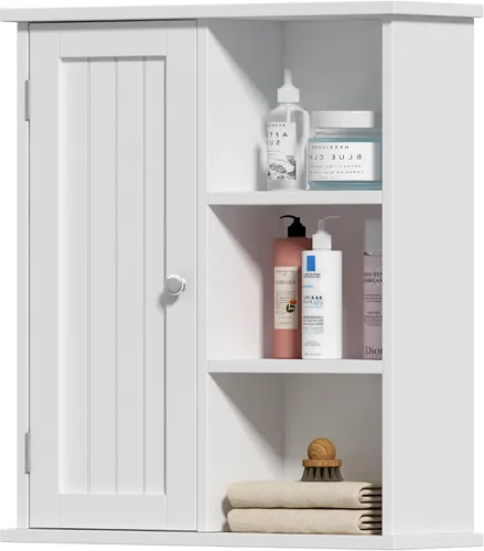 Treocho Armario de pared de baño, botiquín con puerta y 3 estantes abiertos, organizador de almacenamiento montado en la pared para baño, cocina,