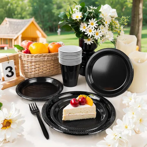 Miniatura 5 de MirthMood - 350 platos desechables negros, platos negros, suministros de plástico para fiestas, incluye 50 platos llanos, 50 platos de ensalada, 50