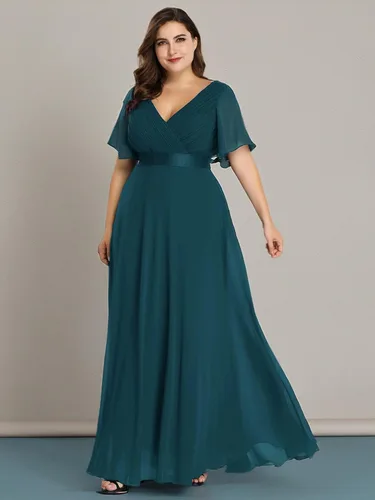Miniatura 64 de Ever-Pretty Vestido formal para mujer, Navidad, Año Nuevo, cuello en V, gasa, talla grande, largo hasta el suelo, vestido de dama de honor
