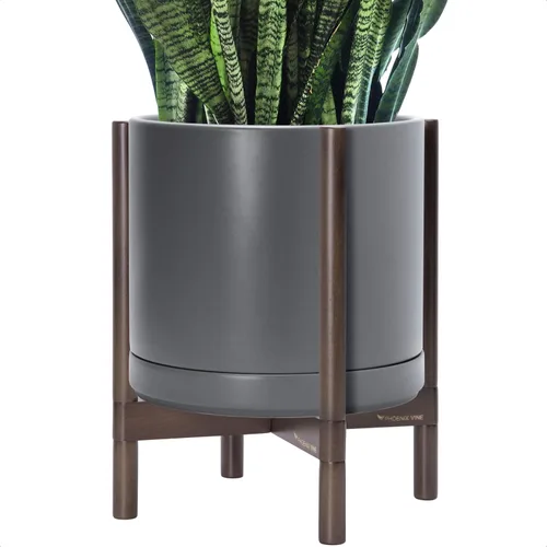 Miniatura 13 de D'vine Dev Maceta de cerámica con soporte de ébano – Maceta redonda moderna de 8 pulgadas con soporte para maceta de madera, color negro, 55-B-M-2