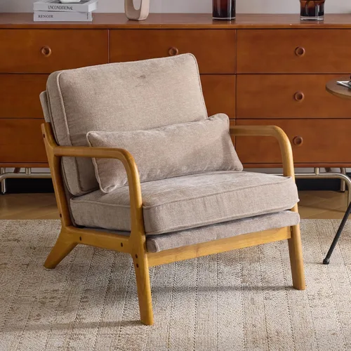 Miniatura 26 de Karl home Silla de acento moderna de mediados de siglo con cojín, tapizada en tela de lino, silla de salón con brazo, estructura sólida de madera