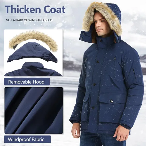 Miniatura 2 de JYG - Chaqueta de invierno gruesa para hombre, parka acolchada con capucha extraíble de piel sintética Azul