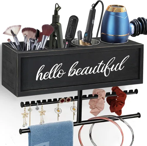 Soporte rústico para secador de pelo montado en la pared, organizador de herramientas y accesorios para el peinado del cabello, organizador y