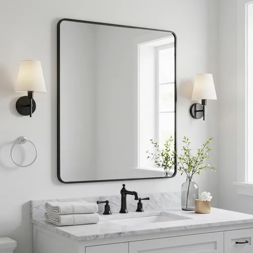 Miniatura 16 de LEDLUX Espejo de baño negro de 24 x 32 pulgadas, espejo sin cobre, marco de metal, espejo rectangular montado en la pared, espejo moderno