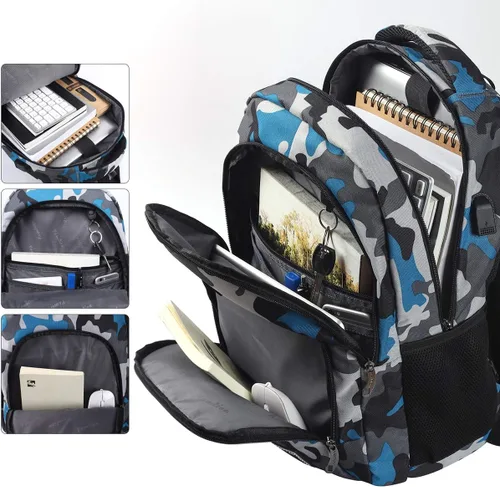 Miniatura 3 de Mochila escolar YAMTION para adolescentes, mochila con USB para preparatoria y universidad, camuflaje azul