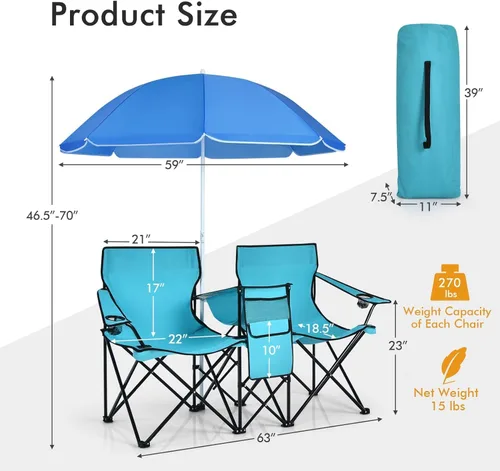 Miniatura 3 de Tangkula Sillas de campamento dobles con paraguas, silla de campamento plegable portátil de 2 asientos con bolsa enfriadora, soporte para bebidas