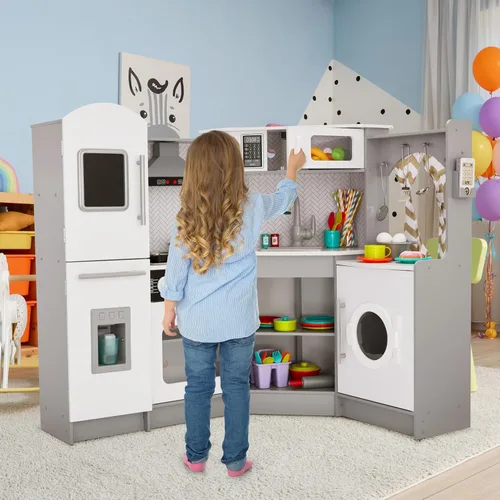 Miniatura 8 de Lil' Jumbl Juego de cocina de esquina para niños, cocina de lujo de madera de simulación, máquina de hielo a pilas, estufa y grifo con sonido gris