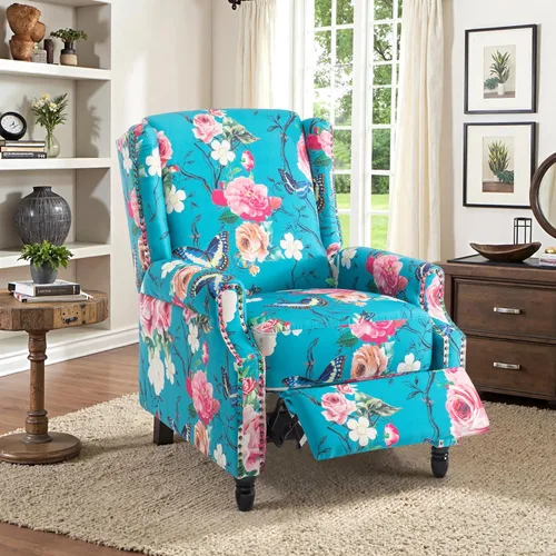 Silla reclinable tapizada, sillón de ala floral con respaldo y reposapiés ajustables, cómoda silla decorativa para leer, sofá individual para