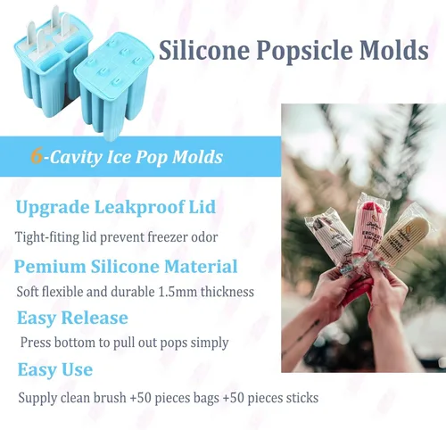 Miniatura 6 de Moldes de silicona para paletas con palillos, 6 cavidades, molde para helado con cepillo limpio, 6 palitos reutilizables, 50 palitos, 50 bolsas, Azul