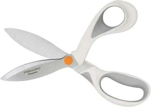 Fiskars SoftGrip PowerCut Tijeras de tela y medios mixtos, tijeras resistentes de 8 pulgadas para tela, cartón, corcho, metal decorativo y corte de