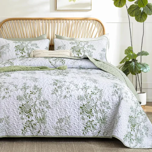 Miniatura 20 de WONGS BEDDING Juego de edredón floral matrimonial, juego de colcha con patrón botánico azul para mujeres, adolescentes y niñas, juego de ropa