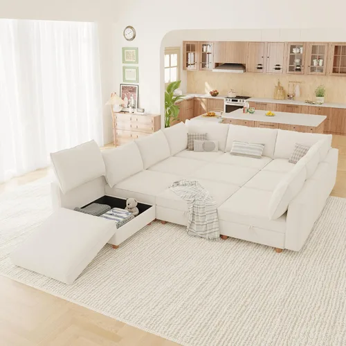 Miniatura 37 de 95.5" Sofá seccional modular de chenilla con almacenamiento oculto, sofá cama convertible en forma de L y U, sofá seccional moderno de 6 plazas