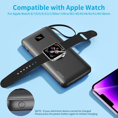 Miniatura 7 de Portable Charger Built-in Cables, AC Wall Plug and Magnetic Wireless iWatch Charger, 10000mAh 22.5W PD Fast Charging Power Bank, Compact Battery