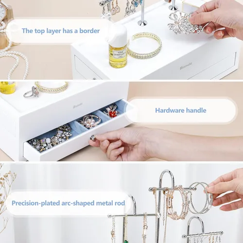 Miniatura 4 de Homde Organizador de joyas para collares, aretes, anillos con ganchos de metal (blanco)