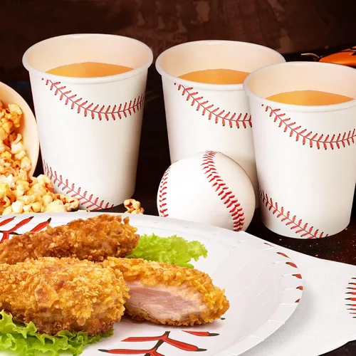 Miniatura 6 de ADXCO Juego de vajilla de 120 piezas para fiesta de béisbol, platos de papel desechables, servilletas, tazas de 7 pulgadas y 9 pulgadas