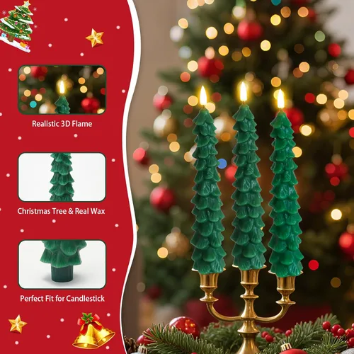Miniatura 7 de Fo32won Candelabros sin llama en forma de árbol de Navidad a pilas con control remoto y temporizador, juego de 4 velas LED cónicas de cera real
