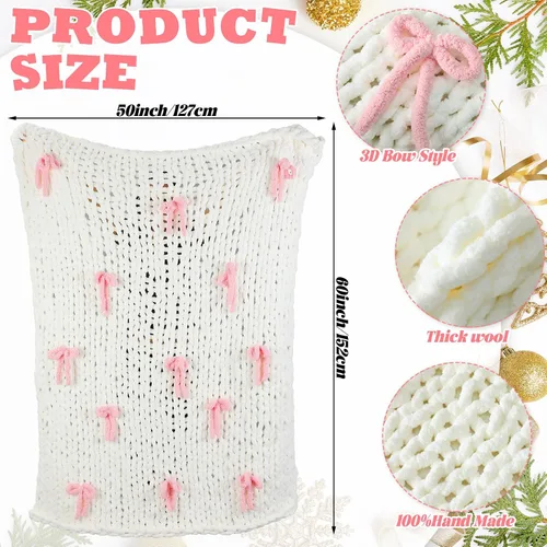 Miniatura 3 de Mindsoft Manta de punto grueso con lazo rosa de 50 x 60 pulgadas, 100% hecha a mano con hilo de chenilla color crema, esponjosa, suave, manta