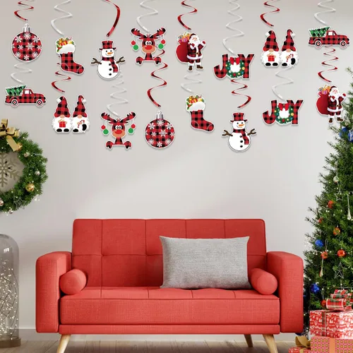 Miniatura 4 de Decoraciones Colgantes de Remolinos de Navidad - SIN DIY - Bandera de Feliz Navidad de Piqué de Búfalo, Banderines Colgantes de Techo de Navidad