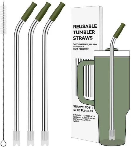 Miniatura 22 de Pajitas de metal rectas para vaso Stanley de 40 onzas, paquete de 3 popotes reutilizables de acero inoxidable con puntas de silicona y cepillo Gris
