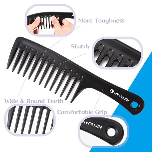 Miniatura 5 de HYOUJIN - Juego de dos peines grandes de dientes anchos, peines desenredantes para ducha, para cabello húmedo o seco, cepillo de peinado para Negro