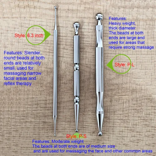 Miniatura 2 de BYYDDIY 6.3pulg de acero inoxidable herramientas de reflexología facial de doble cabeza con bolsa de fieltro, herramienta de masaje de oído, punta