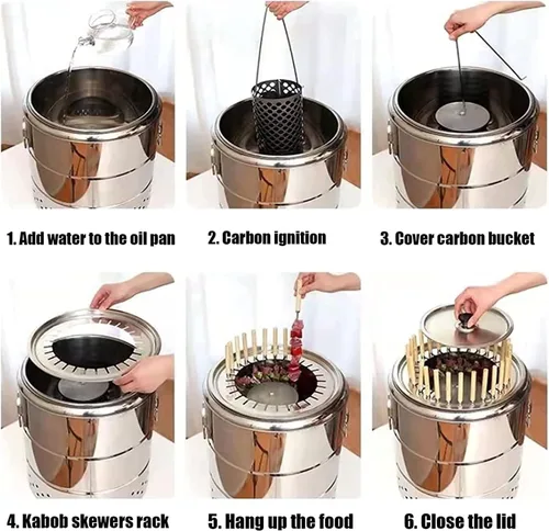 Miniatura 4 de Parrilla de barbacoa de barril de carbón ahumador, estufa colgante para barbacoa, parrilla de barbacoa de acero inoxidable con 20 pinchos de kabob