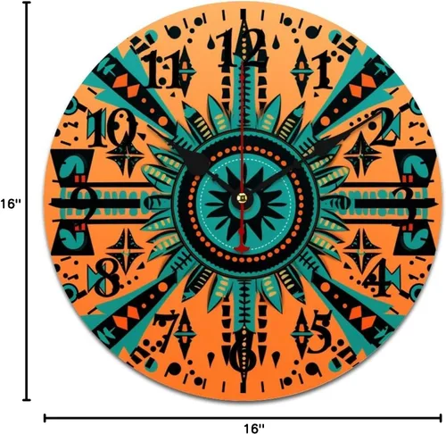 Miniatura 9 de Reloj de madera con motivo de arte tribal naranja brillante, turquesa, azul y azul, patrón tribal del suroeste, cuarzo decorativo de madera, sin