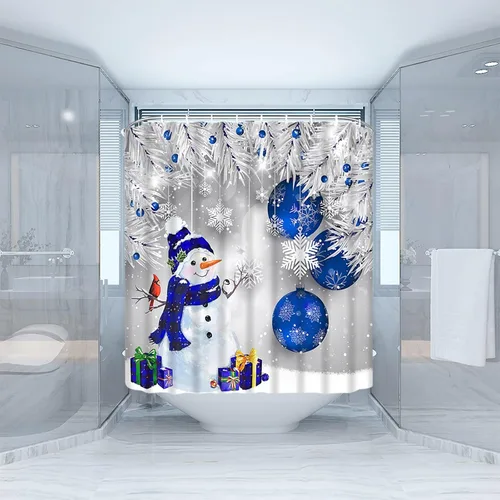 Miniatura 2 de GCTNBJL Cortina de ducha de muñeco de nieve de Navidad, muñeco de nieve azul, bola de Navidad, pino, copo de nieve, pájaro, vacaciones de invierno