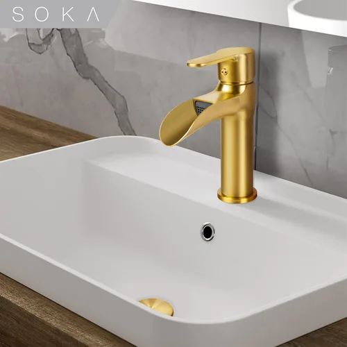 Miniatura 8 de SOKA Grifo dorado para lavabo de baño con cascada, grifo de lavabo de un solo orificio con drenaje emergente, grifo moderno para fregadero de tocador