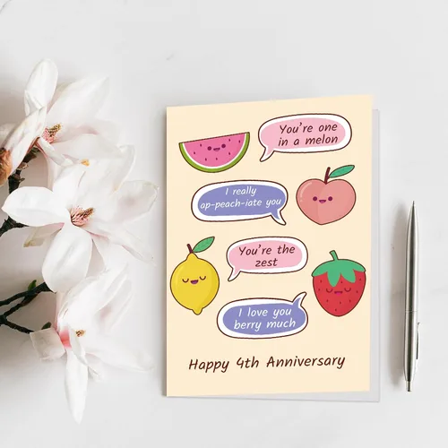 Miniatura 7 de Qiliji Tarjeta de 4º aniversario para marido y esposa, divertida tarjeta de aniversario de 4º aniversario de boda, tarjeta de juego de palabras