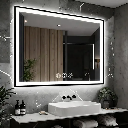 Miniatura 64 de EchosLife Espejos de baño LED de 20 x 28 pulgadas para pared, marco de aluminio negro (frontal y retroiluminado), espejo de tocador antivaho