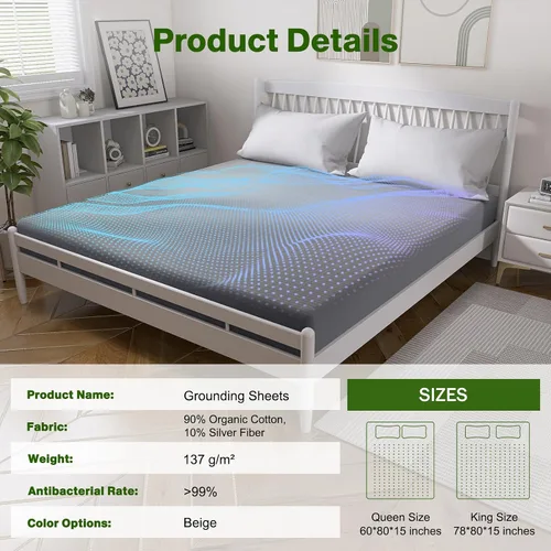Miniatura 9 de Sábanas de conexión a tierra tamaño Queen, sábana bajera ajustada para cama con 10% fibra de plata pura + 90% algodón orgánico, para mejorar el Gris