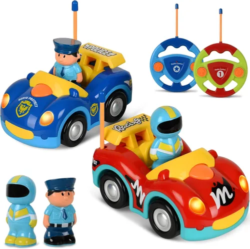 Haktoys Carros de policía y carreras de dibujos animados a control remoto: juguetes RC para niños pequeños niños y niñas - Juego de 2 vehículos para