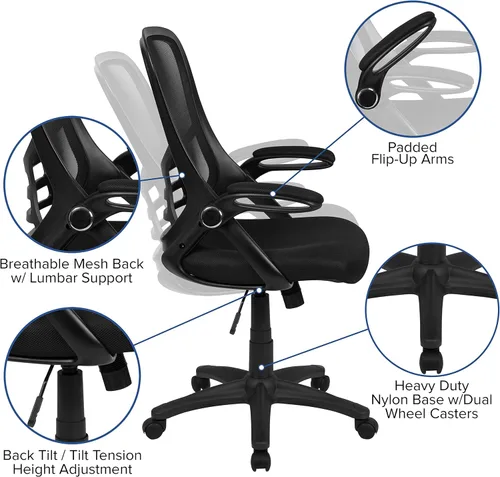 Miniatura 13 de Flash Furniture Porter - Silla de oficina giratoria ergonómica de malla negra con marco negro y brazos abatibles