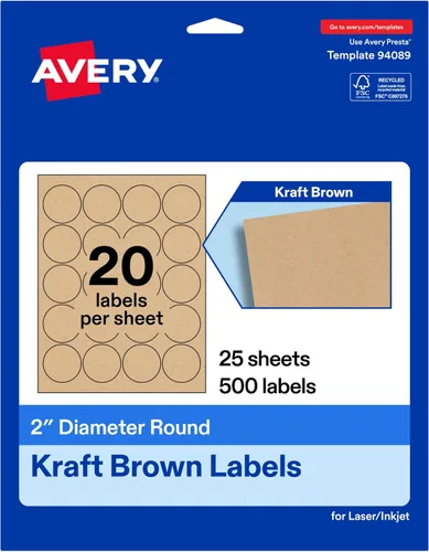Miniatura 12 de Avery Kraft Brown Round Labels, 2" Diameter, Laser/Inkjet Printer Compatible, 1000 Printable Labels Total, Great for Branding, Packaging, Events