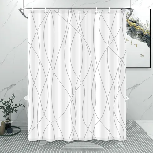 Miniatura 9 de Juego de cortinas de ducha azul egeo para baño con ganchos, cortinas de baño decorativas repelentes al agua y lavables con rayas blancas, 72 x 72