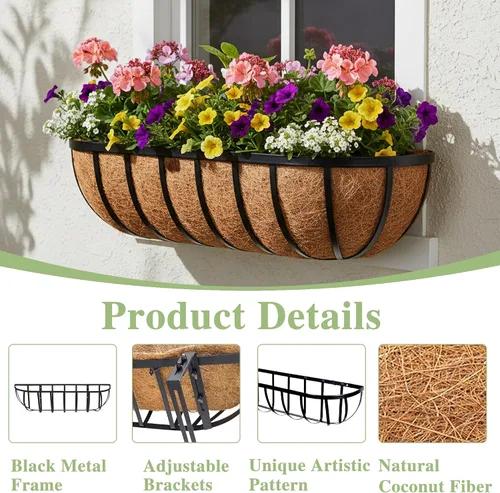 Miniatura 5 de Maceta de Balcón Tipo Abrevadero English Inviting con Forro de Coco - Maceta de Metal para Montar en Pared, Jardinera de Ventana de Cubierta de 16