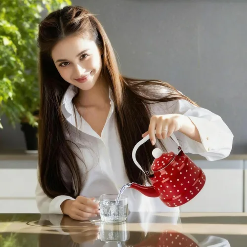 Miniatura 6 de Estufa de té esmaltada vintage de 1.8 cuartos de galón, tetera esmaltada con manchas rojas y blancas, esmalte en acero y café con asa, hervidor