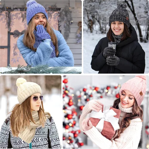 Miniatura 6 de Womens Winter Warm Beanie Hat Touchscreen Gloves Long Scarf Set Rib Cable Knit Fleece Lined Skull Pom Caps
