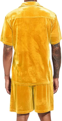 Miniatura 44 de LecGee Conjunto de pantalones cortos casuales de verano para hombre, camisa de terciopelo de manga corta con botones, pantalones cortos de cintura