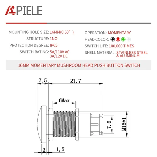 Miniatura 2 de APIELE Interruptor de botón momentáneo de 16 mm, botón momentáneo con cabeza de hongo, botón de inicio, IP65 resistente al agua, 12 V, 24 V, 36 V