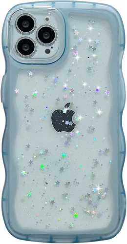 Miniatura 120 de Qokey Funda para iPhone 12 Pro Max de 6.7 pulgadas, diseño de onda rizada, borde transparente, brillante con purpurina, estrella brillante, bonita